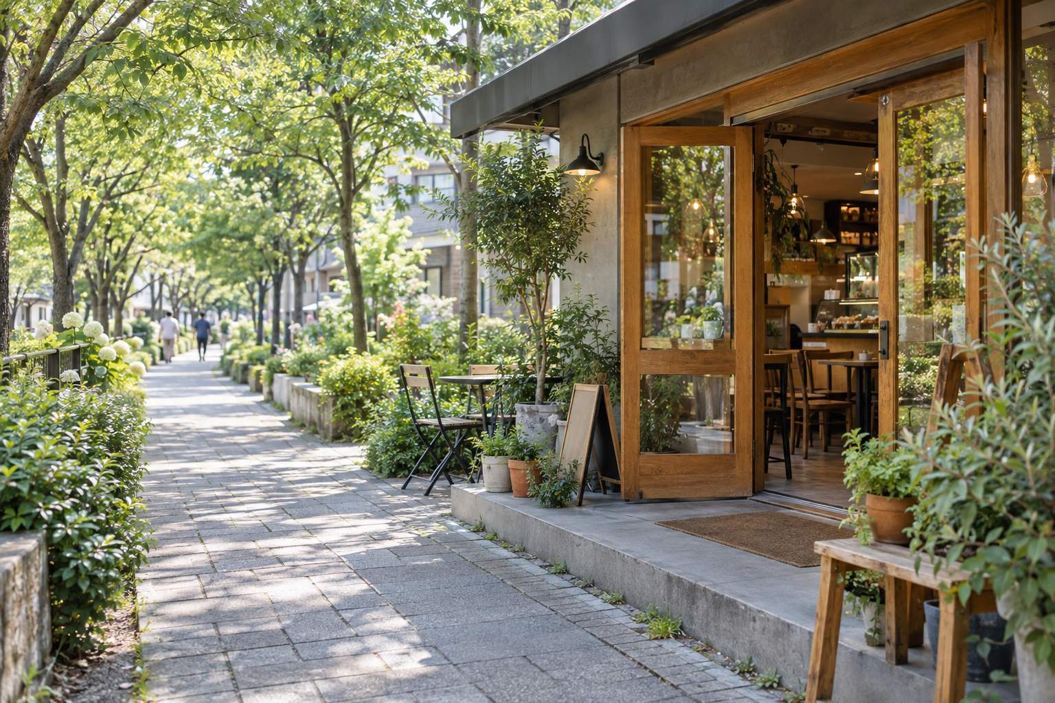 緑道沿いにある木とガラスの温かな店舗